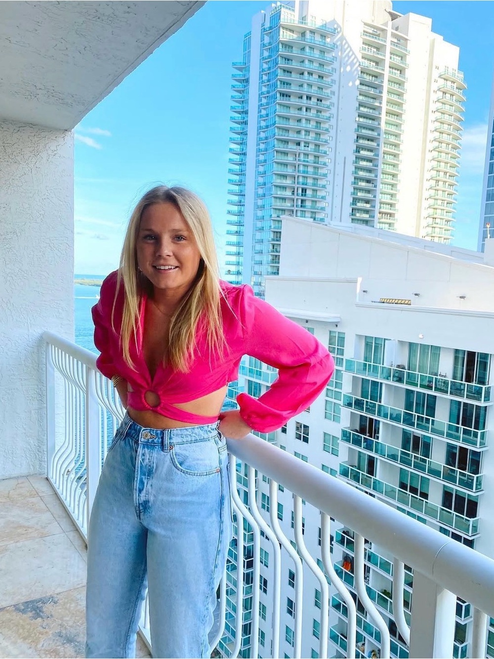 Nasty Gal Hot Pink Ring-Tie Long Sleeve Crop Top